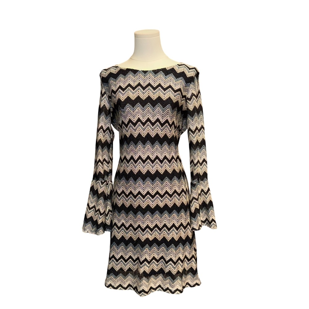 Tacera Chevron Zigzag Mini Dress Womens Size L Black Blue Good Bell Sleeve Knit